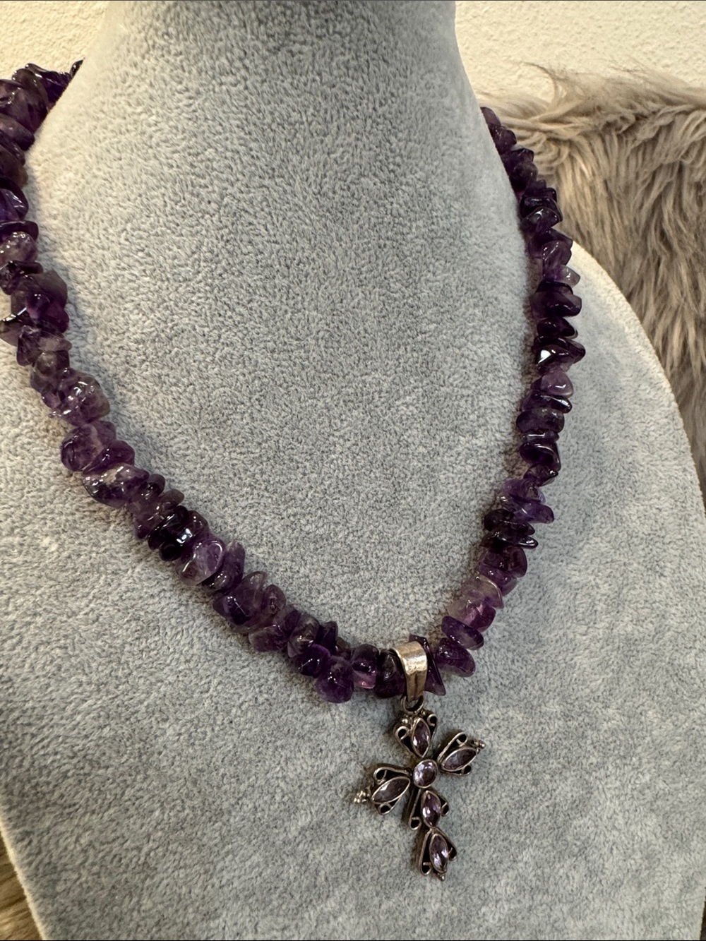 Amethyst Chip Necklace with Silver Cross Pendant - Purple